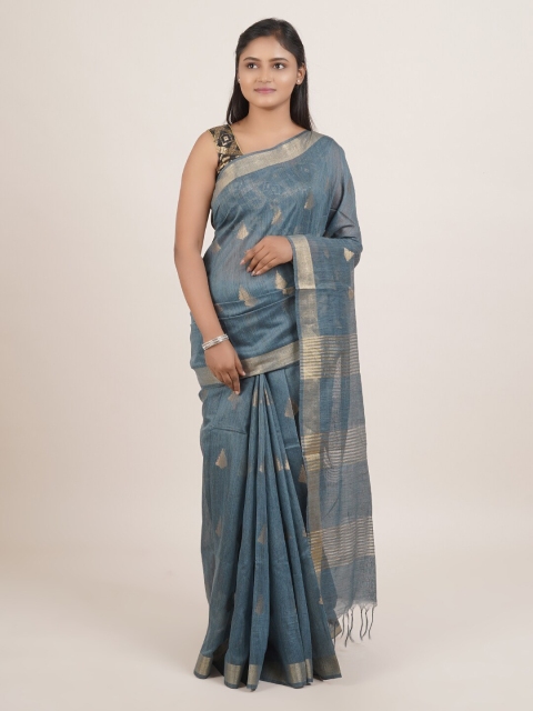 

Pothys Blue & Gold-Toned Woven Design Linen Blend Saree