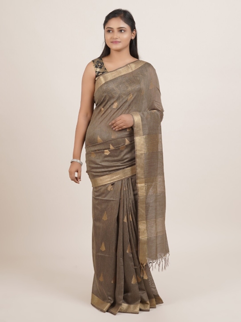 

Pothys Brown & Gold-Toned Woven Design Zari Linen Blend Saree