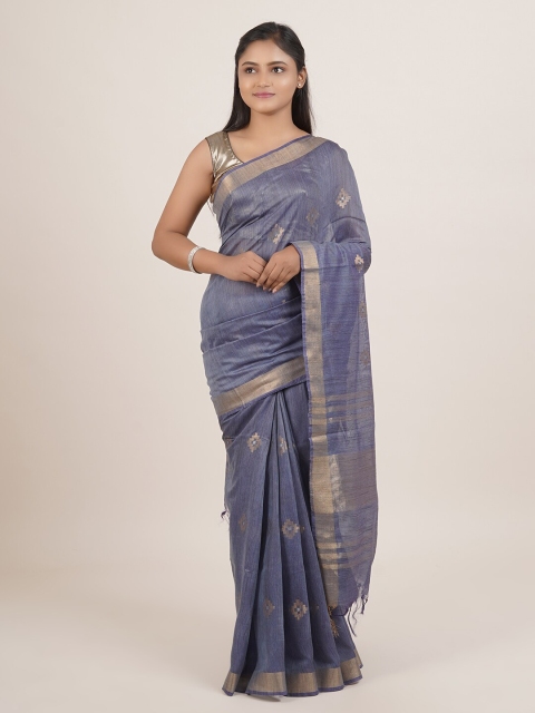

Pothys Blue & Gold-Toned Woven Design Zari Linen Blend Saree