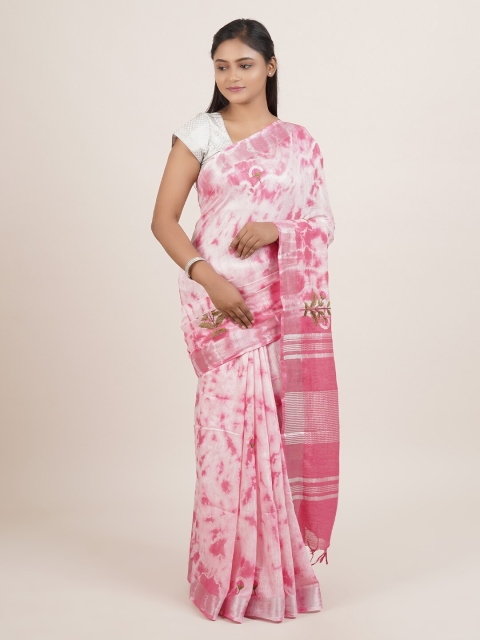 

Pothys Pink & White Floral Embroidered Linen Blend Saree