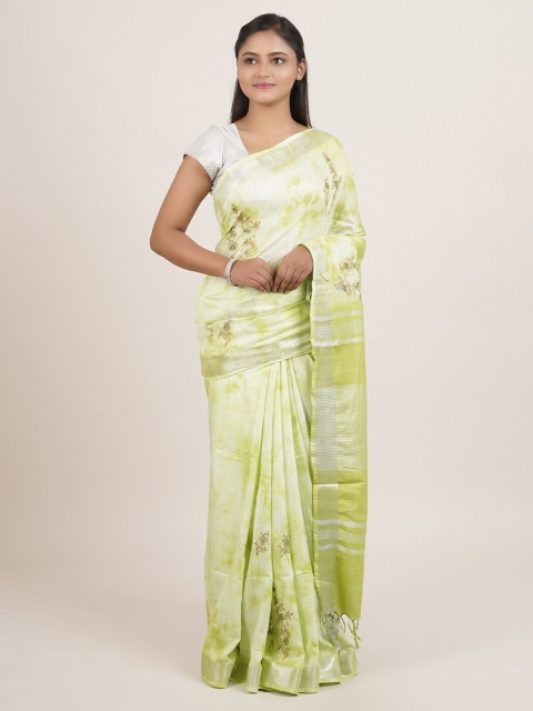 

Pothys Green & Silver-Coloured Floral Zari Linen Blend Saree