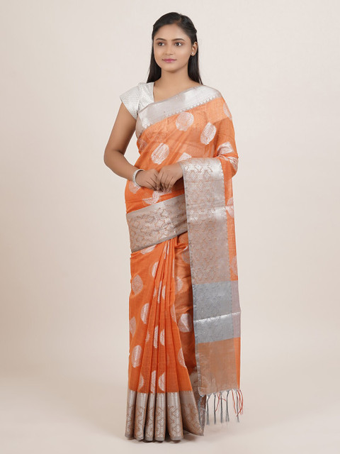 

Pothys Orange & Silver-Toned Woven Design Saree