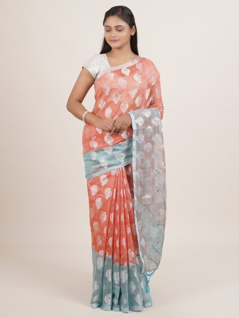 

Pothys Peach-Coloured & Grey Floral Zari Saree