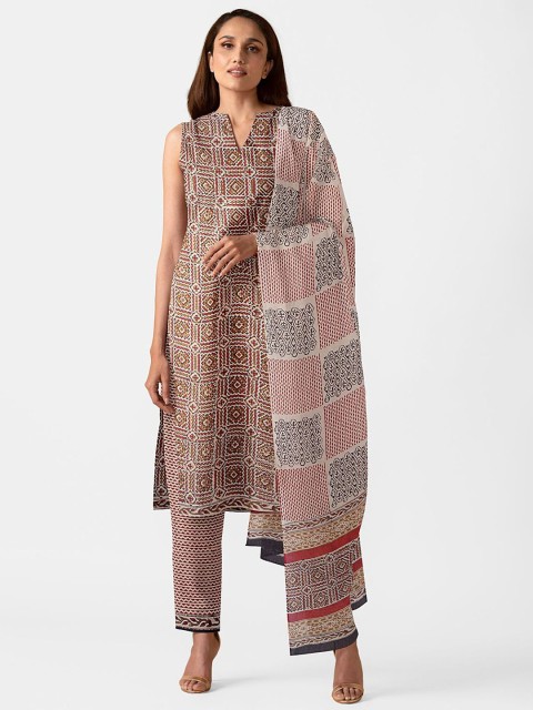 

Taneira Beige & Red Printed Pure Cotton Unstitched Dress Material