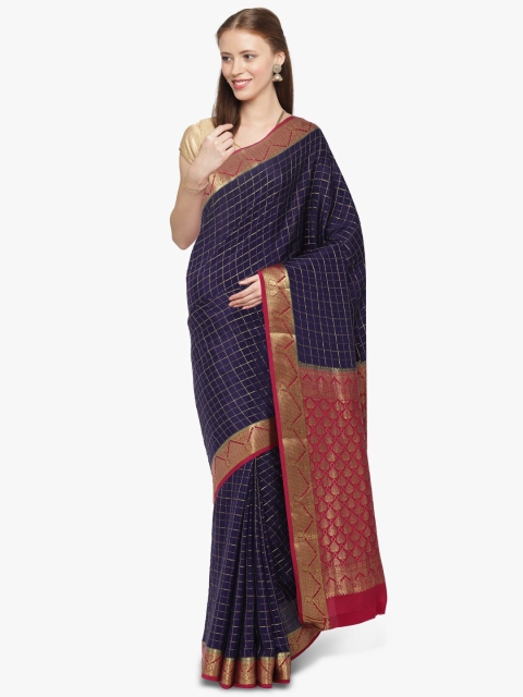 

Sudarshan Silks Navy Blue & Magenta Pink Zari Pure Silk Mysore Silk Handloom Saree