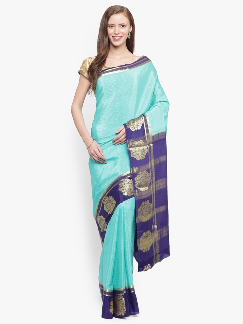 

Sudarshan Silks Turquoise Blue & Blue Woven Design Zari Handloom Pure Mysore Silk Saree