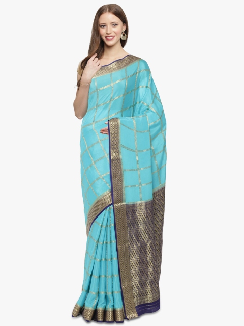

Sudarshan Silks Blue & Gold-Toned Woven Design Zari Handloom Pure Mysore Silk Saree