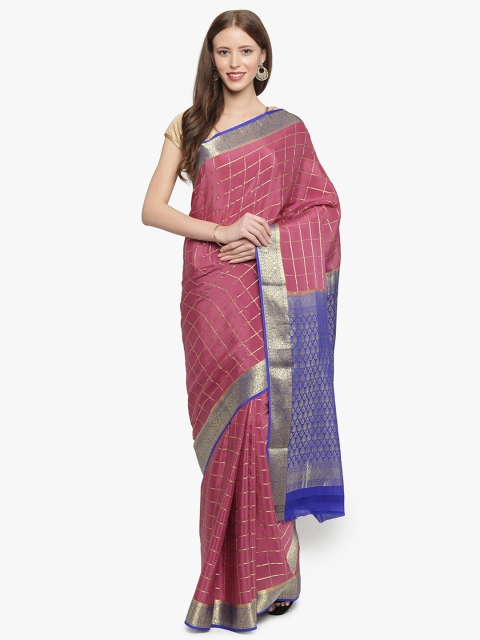 

Sudarshan Silks Pink & Blue Checked Zari Handloom Pure Mysore Silk Saree