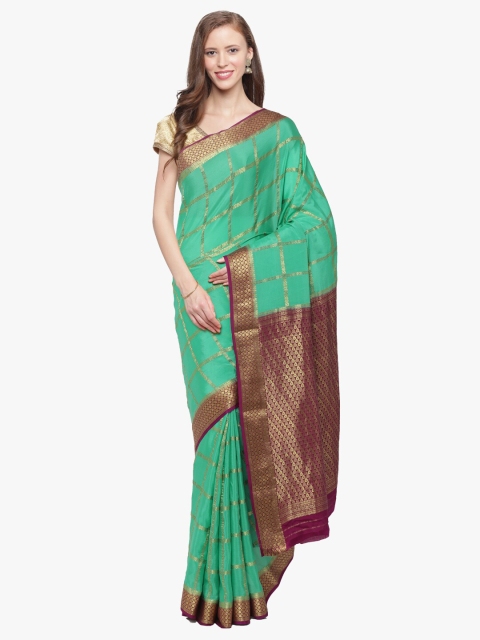 

Sudarshan Silks Green & Brown Checked Zari Handloom Pure Mysore Silk Saree