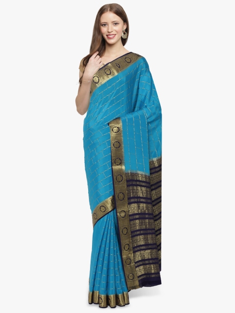 

Sudarshan Silks Blue & Gold-Toned Woven Design Zari Handloom Pure Mysore Silk Saree