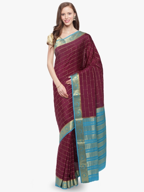 

Sudarshan Silks Burgundy & Turquoise Blue Zari Handloom Pure Mysore Silk Saree