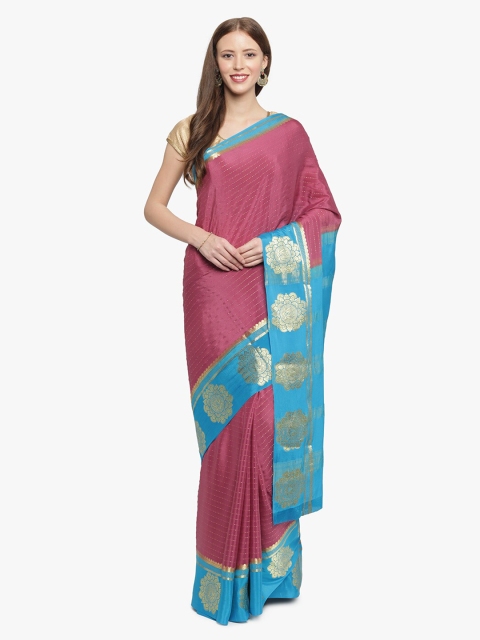 

Sudarshan Silks Pink & Blue Woven Design Zari Handloom Pure Mysore Silk Saree