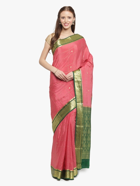 

Sudarshan Silks Pink & Green Checked Zari Handloom Pure Mysore Silk Saree