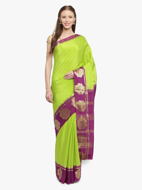 

Sudarshan Silks Green & Purple Woven Design Zari Handloom Pure Mysore Silk Saree