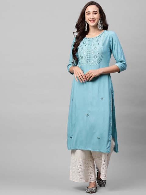 

FASHOR Women Blue Embroidered Kurta