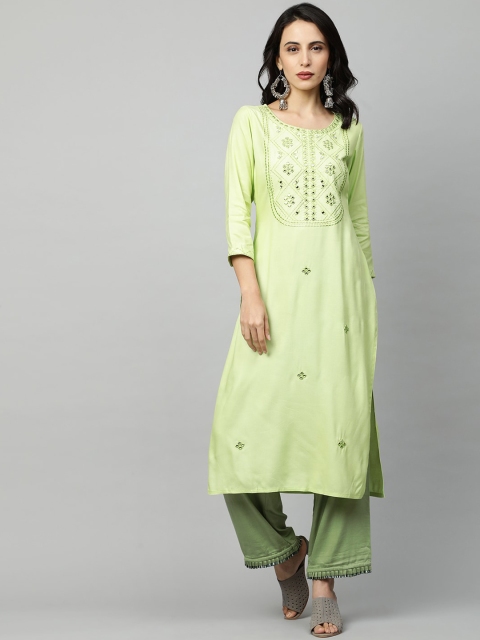 

FASHOR Women Green Yoke Design Mirror Work Pastels Kurta