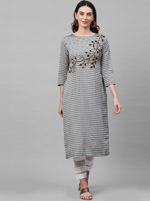 

FASHOR Women Grey & Black Striped Thread Work Kurta