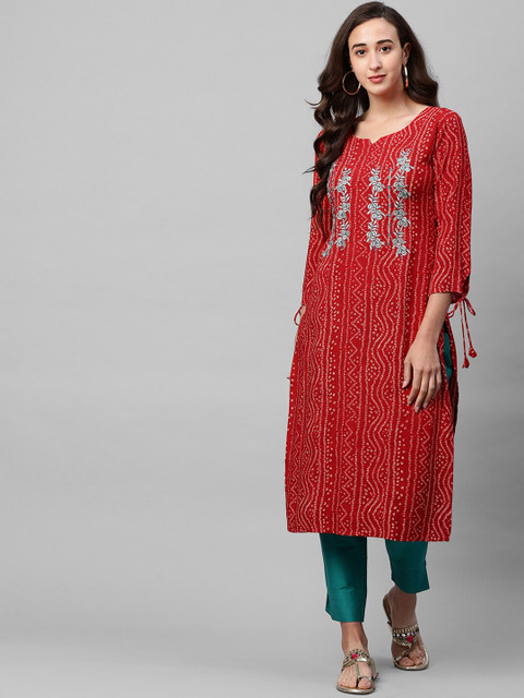 

FASHOR Women Red & Off White Bandhani Printed Kurta