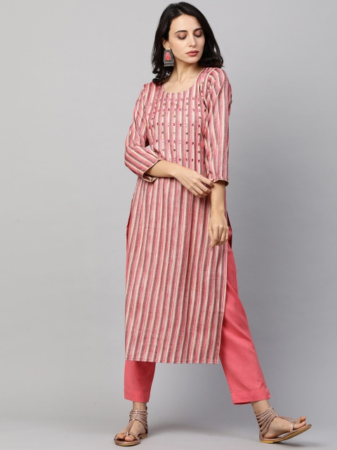 

FASHOR Women Pink & Beige Striped Mirror Work Kurta