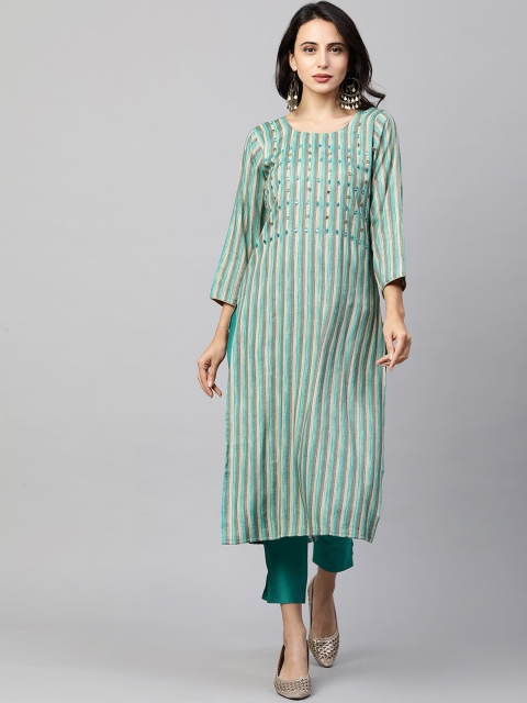 

FASHOR Women Green Striped Kurta