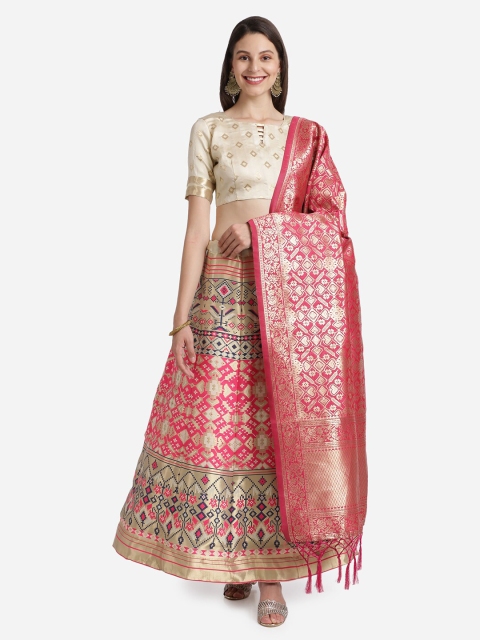 

Mitera Cream-Coloured & Pink Semi-Stitched Lehenga & Unstitched Blouse With Dupatta