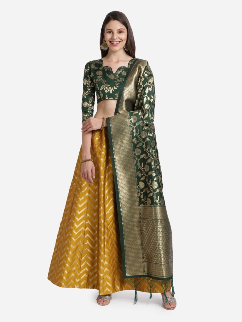 

Mitera Mustard Yellow & Green Unstitched Lehenga & Blouse With Dupatta