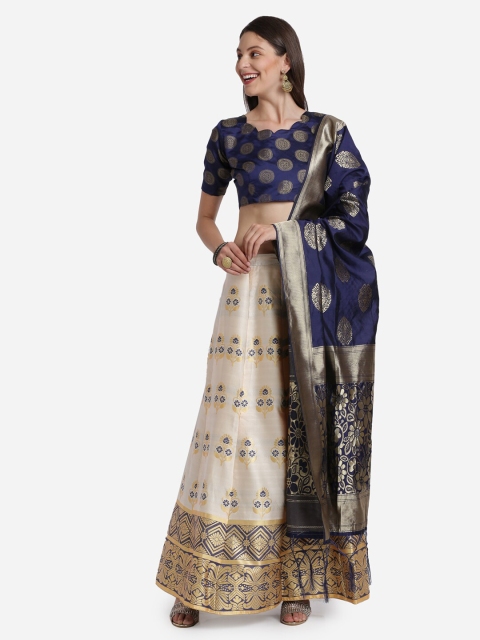 

Mitera Cream-Coloured & Navy Blue Unstitched Lehenga & Blouse With Dupatta