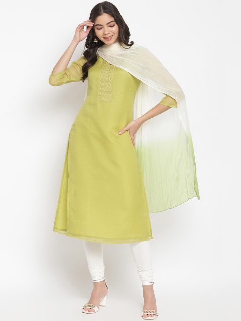 

IMARA Women Green Thread Work Kurta with Trousers