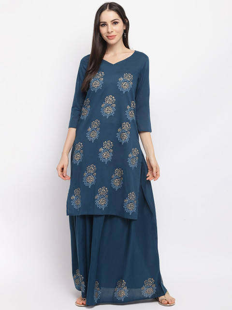 

IMARA Women Blue Floral Printed Kurta with Skirt