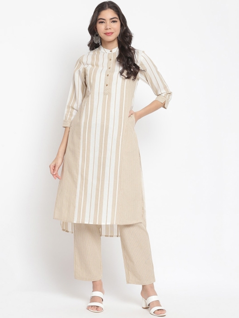 

IMARA Women Beige Striped Layered Pure Cotton Kurti with Trousers