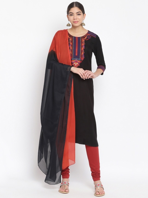 

IMARA Women Black Embroidered High Slit Liva Kurti with Churidar & With Dupatta