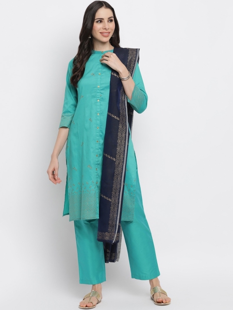

IMARA Women Turquoise Blue Embroidered Panelled Kurta with Trousers & With Dupatta