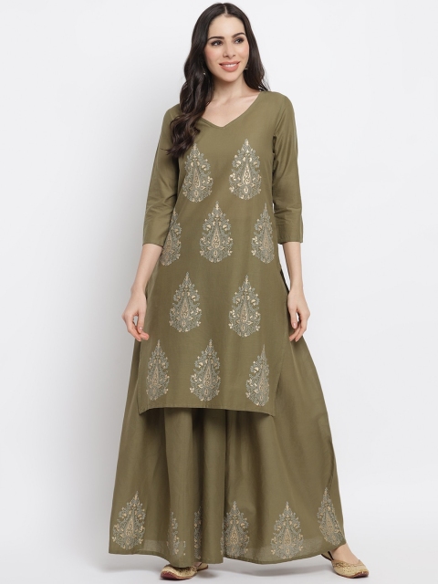 

IMARA Women Green Ethnic Motifs Printed High Slit Kurti with Sharara