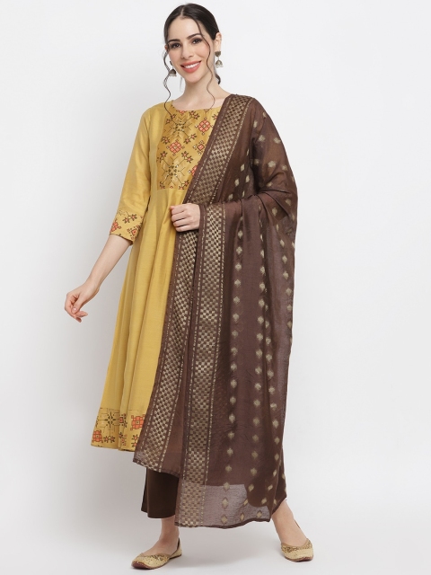 

IMARA Women Mustard Yellow Ethnic Motifs Yoke Design Panelled Kurta with Trousers & With Dupatta