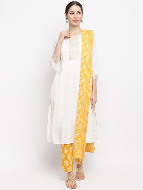 

IMARA Women Grey Yoke Design Empire Liva Kurti with Trousers & With Dupatta