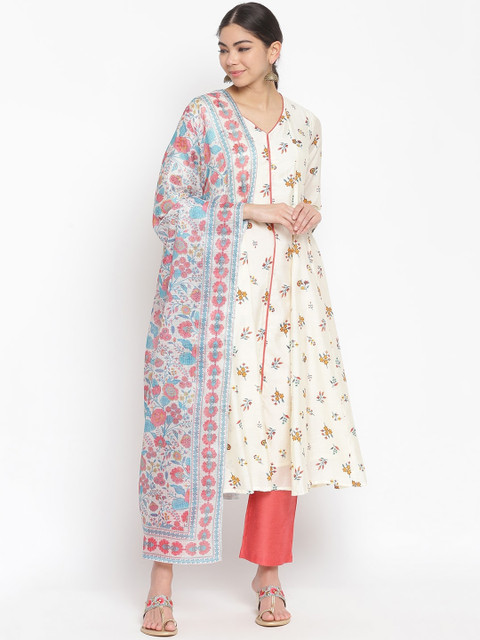 

IMARA Women Off White Floral Printed Angrakha Kurti with Trousers & With Dupatta