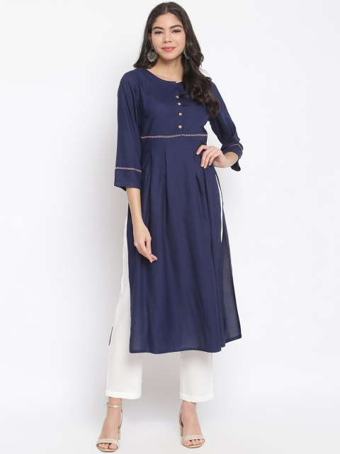 

IMARA Women Navy Blue Embroidered Pleated Liva Kurti with Trousers & With Dupatta