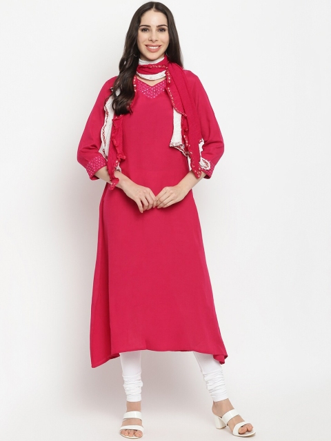 

IMARA Women Pink High Slit Liva Kurta with Trousers With Dupatta
