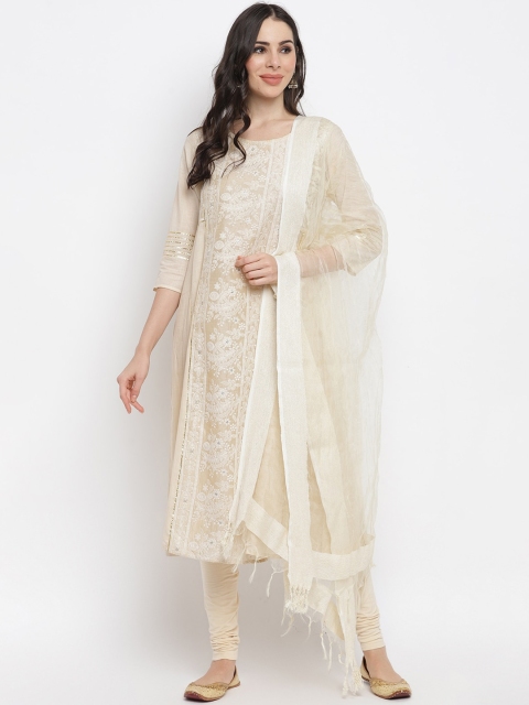 

IMARA Women Off White Floral Embroidered Pure Cotton Kurta with Churidar & With Dupatta