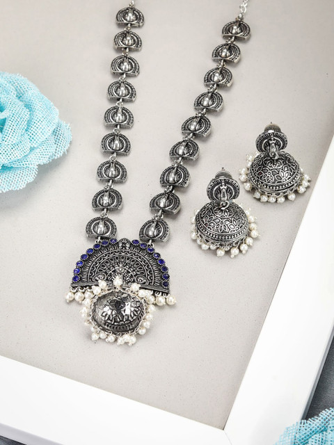 

Priyaasi Silver-Plated & Blue Stones-Studded & Beaded Peacock Handcrafted Jewellery Set