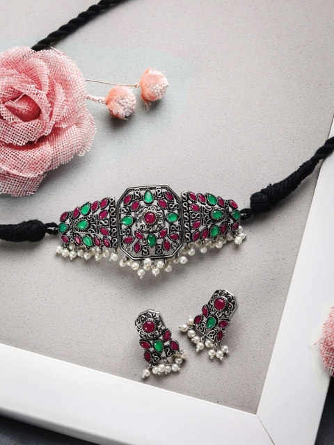

Priyaasi Silver-Plated Pink & Green Ruby Emerald-Studded Beaded Handcrafted Jewellery Set