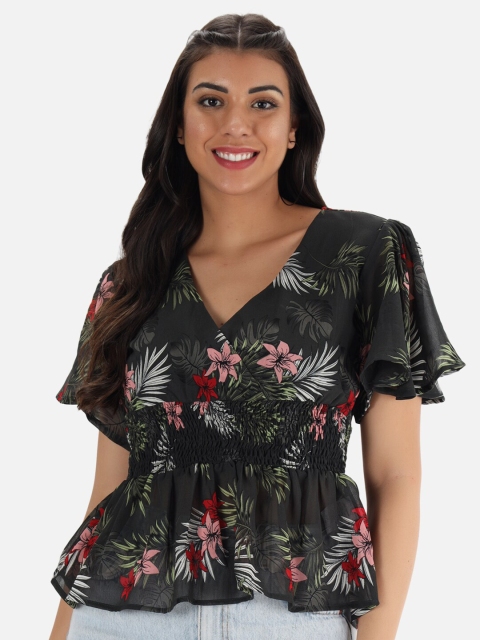 

Trend Arrest Green Women Floral Flared Sleeve Georgette Peplum Top