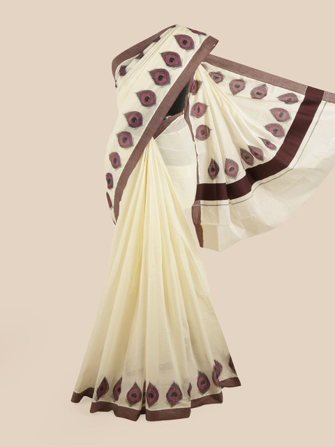 

Pothys Off White & Brown Ethnic Motifs Pure Cotton Kasavu Saree
