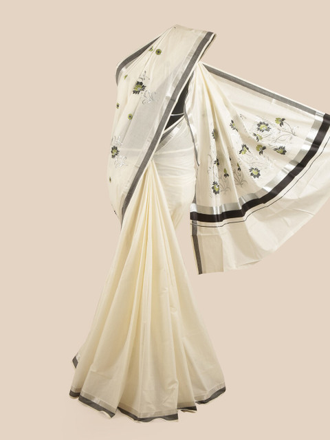 

Pothys Off White & Grey Floral Pure Cotton Kasavu Saree
