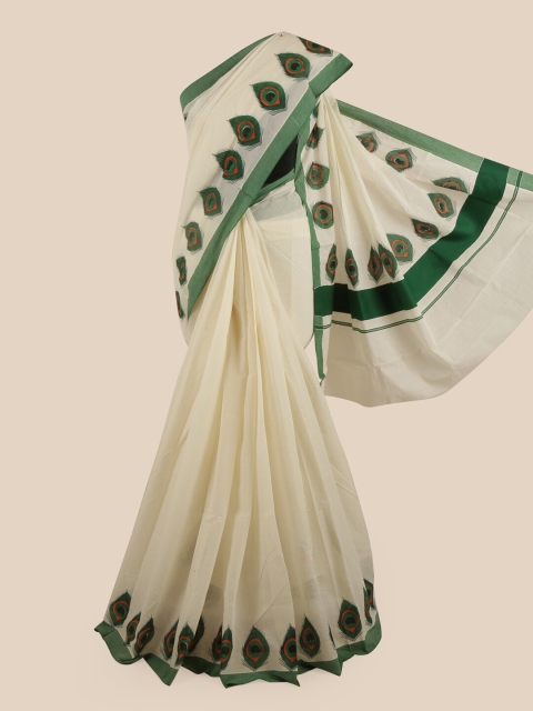 

Pothys Off White & Green Ethnic Motifs Pure Cotton Kasavu Saree