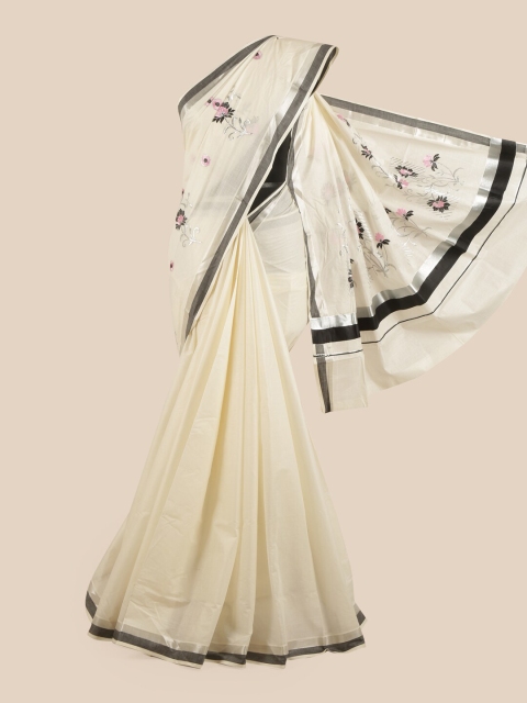 

Pothys Off White & Pink Floral Pure Cotton Kasavu Saree