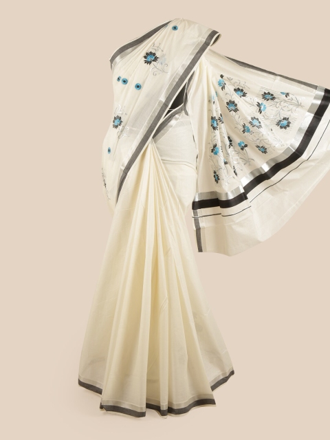 

Pothys Off White & Blue Floral Pure Cotton Kasavu Saree