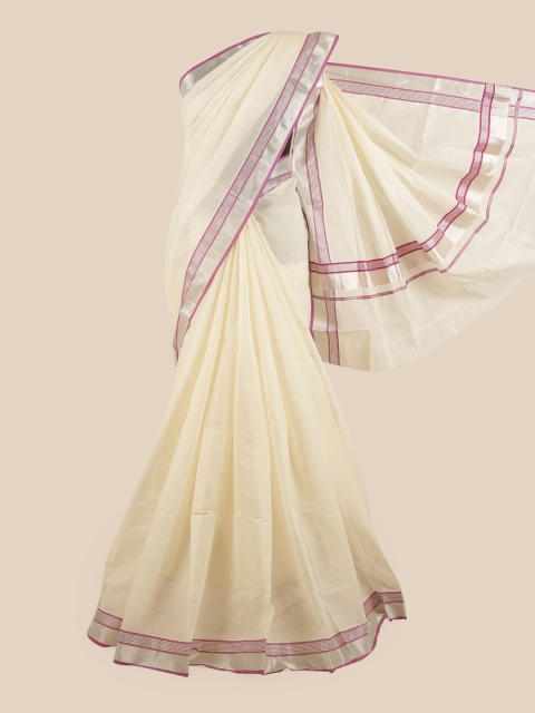 

Pothys Off White & Mauve Pure Cotton Kasavu Saree