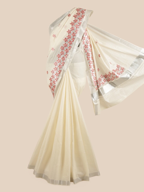 

Pothys Off White & Rust Red Floral Zari Pure Cotton Kasavu Saree