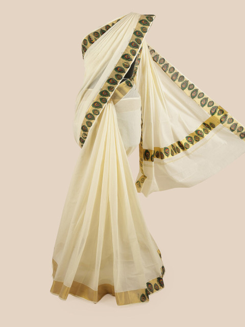 

Pothys Off White & Gold-Toned Zari Pure Cotton Kasavu Saree